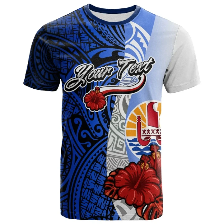 Alohawaii T-Shirt - Tee Tahiti Polynesian Custom Personalised - Coat Of Arm With Hibiscus Blue | Alohawaii.co