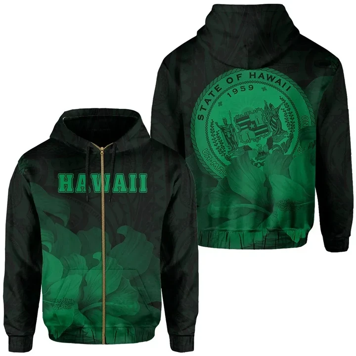 Alohawaii Clothing, Zip Hoodie Tropic Hibiscus Seal Of Hawaii, Green | Alohawaii.co