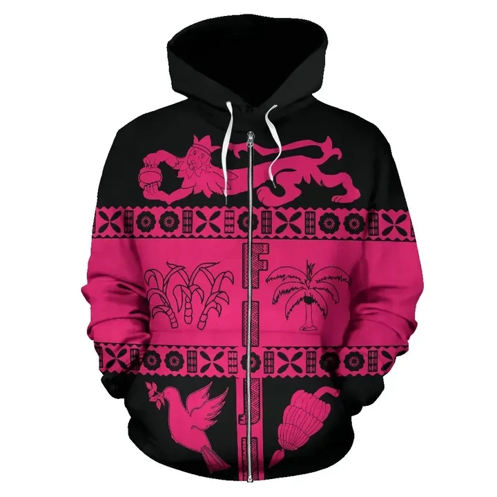 Alohawaii Clothing, Zip Hoodie Fiji Tapa, Coat Of Arms Shield Pink | Alohawaii.co