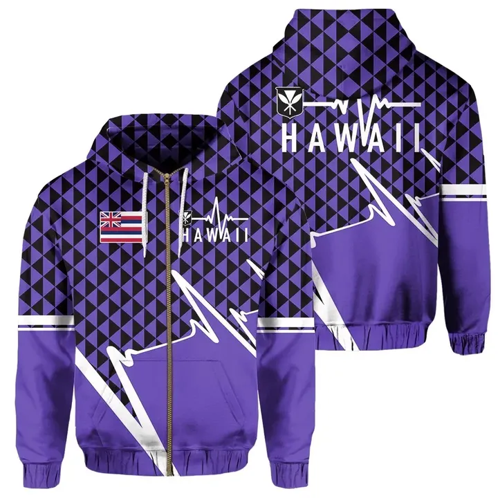 Alohawaii Clothing, Zip Hoodie Kakau Hawaii In My Heartbeat Flag Of Hawaii, Purple | Alohawaii.co