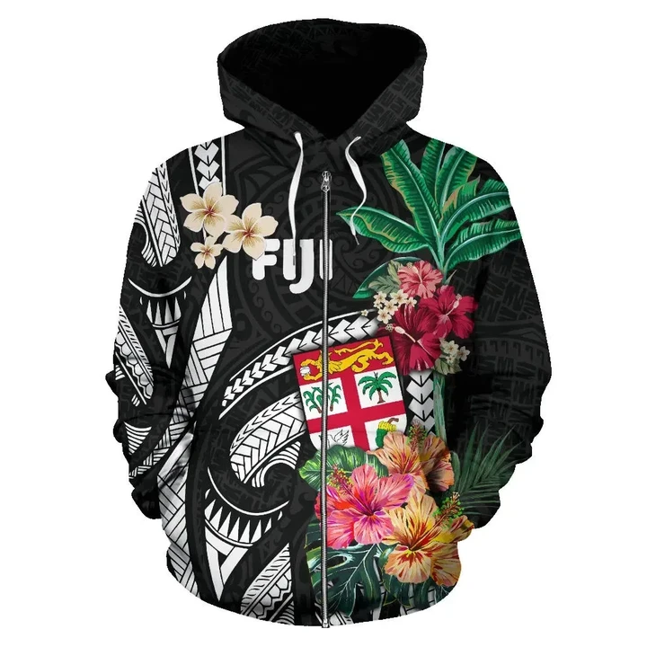 Alohawaii Clothing, Zip Hoodie Fiji All Over Coat Of Arms Polynesian With Hibiscus | Alohawaii.co