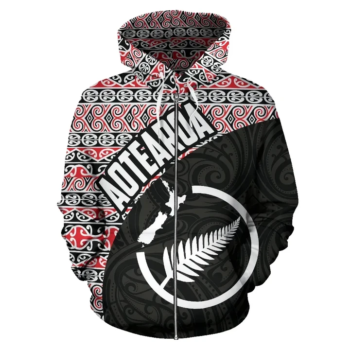 Alohawaii Clothing, Zip Hoodie New Zealand Map Silver Fern, Red Version | Alohawaii.co