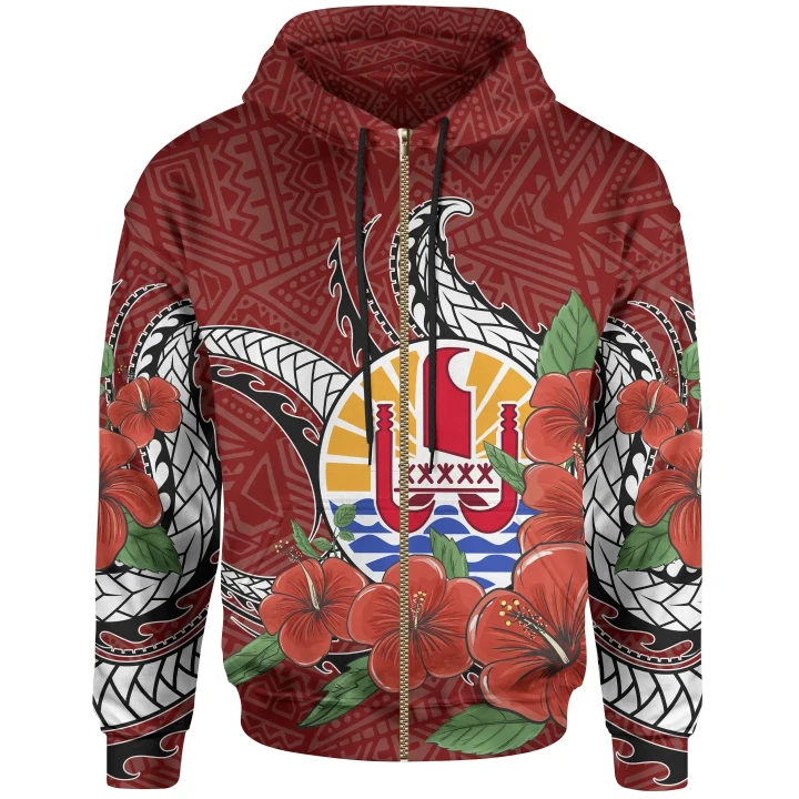 Alohawaii Clothing, Zip Hoodie Tahiti Polynesian, Hibiscus Coat of Arm Red | Alohawaii.co