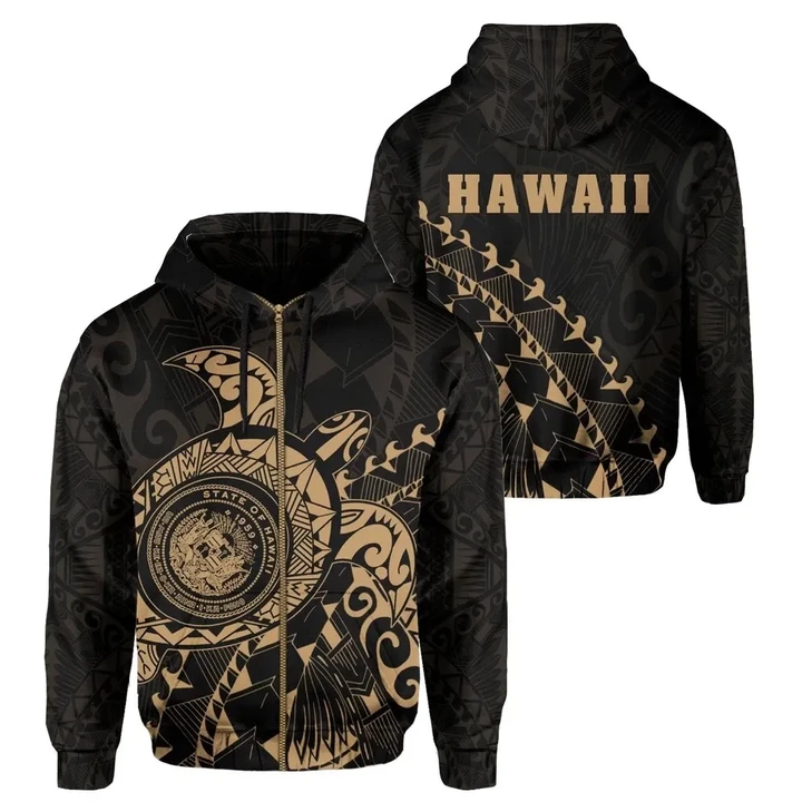 Alohawaii Clothing, Zip Hoodie Hawaii Coat Of Arms ( Gold ), Turtle Style | Alohawaii.co