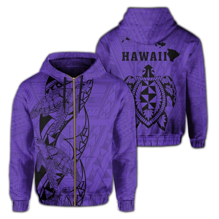 Alohawaii Clothing, Zip Hoodie Polynesian Kakau Turtle Map Of Hawaii Purple | Alohawaii.co