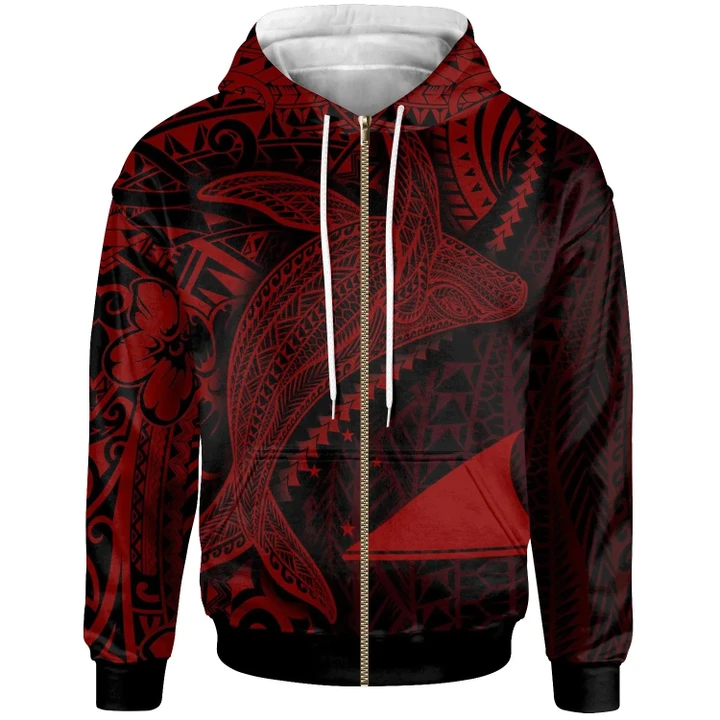 Alohawaii Clothing, Zip Hoodie Tokelau, Humpback Whale & Coat of Arms Red | Alohawaii.co