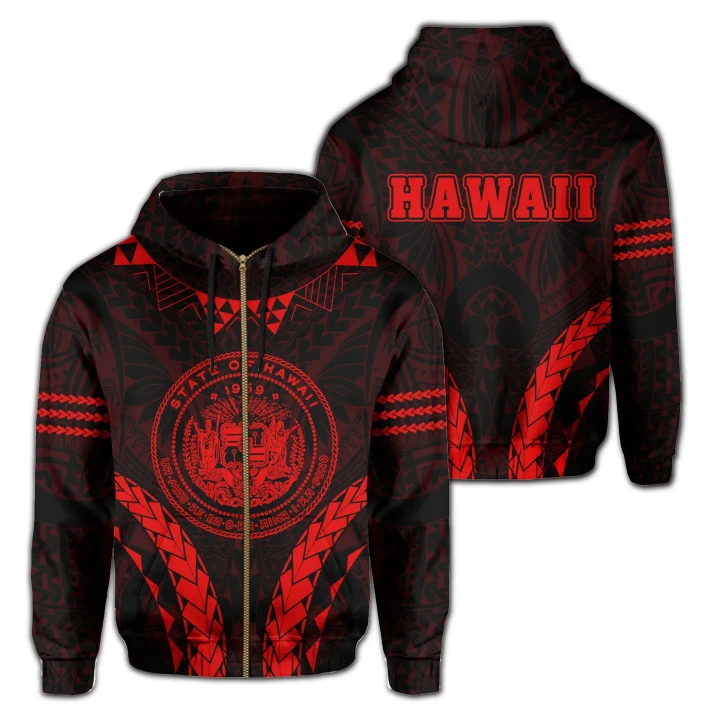 Alohawaii Clothing, Zip Hoodie Polynesian Kakau Seal Of Hawaii, Sport Style Version 2.0, Red | Alohawaii.co