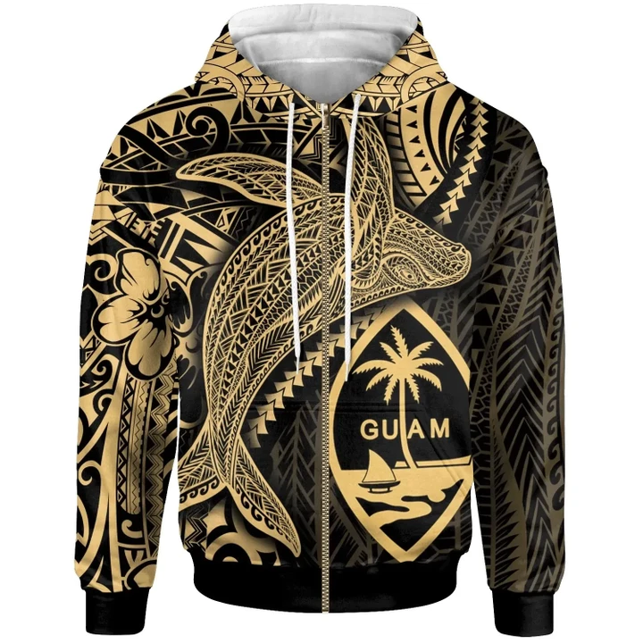 Alohawaii Clothing, Zip Hoodie Guam, Humpback Whale & Coat of Arms Gold | Alohawaii.co