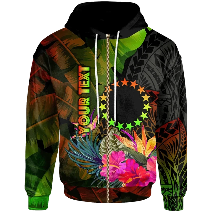 Alohawaii Clothing, Zip Hoodie Cook Islands Polynesian Personalised, Hibiscus and Banana Leaves | Alohawaii.co