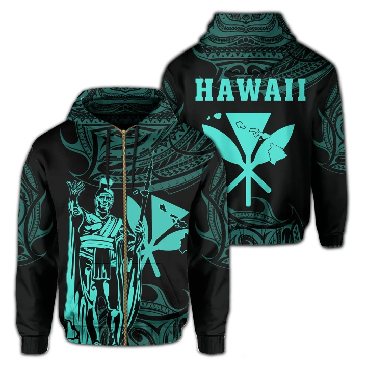 Alohawaii Clothing, Zip Hoodie Polynesian King Kanana Map Hawaii, Turquoise | Alohawaii.co