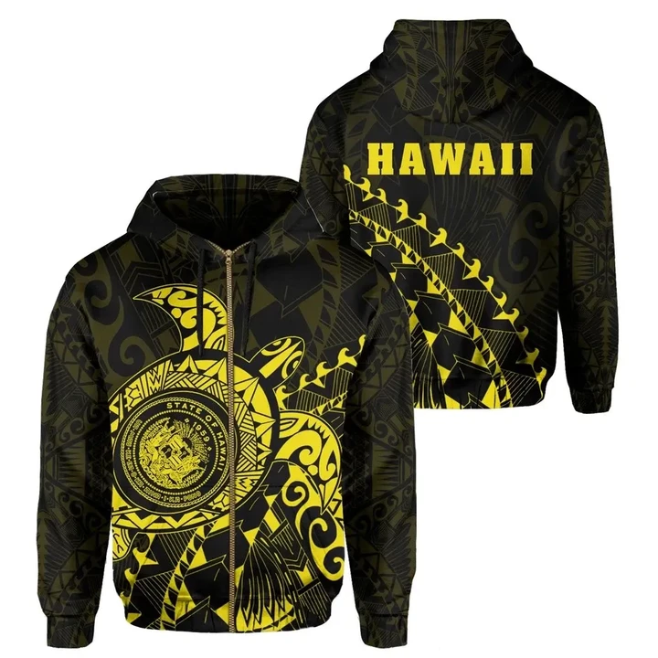 Alohawaii Clothing, Zip Hoodie Hawaii Coat Of Arms ( Yelllow ), Turtle Style | Alohawaii.co