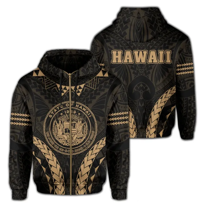 Alohawaii Clothing, Zip Hoodie Polynesian Kakau Seal Of Hawaii, Sport Style Version 2.0, Gold | Alohawaii.co
