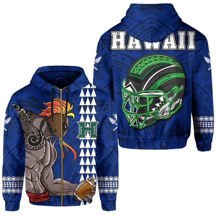 Alohawaii Clothing, Zip Hoodie Polynesian Warrior Helmet Football Kanaka Kakau Hawaii Blue | Alohawaii.co