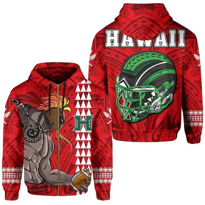 Alohawaii Clothing, Zip Hoodie Polynesian Warrior Helmet Football Kanaka Kakau Hawaii Red | Alohawaii.co