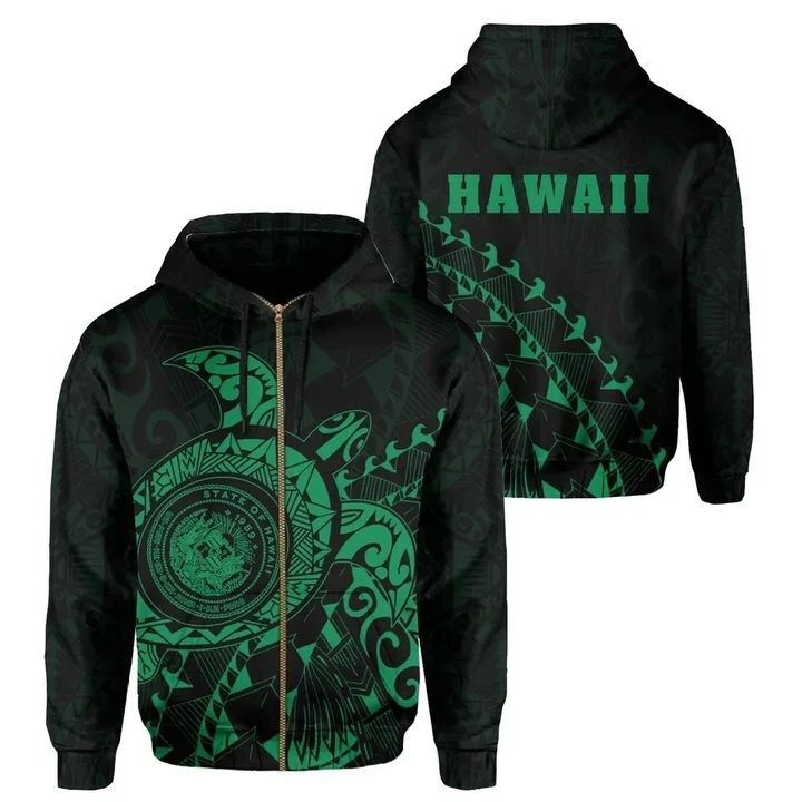 Alohawaii Clothing, Zip Hoodie Hawaii Coat Of Arms ( Green ), Turtle Style | Alohawaii.co
