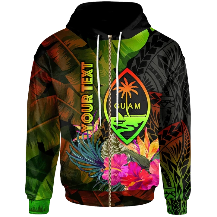 Alohawaii Clothing, Zip Hoodie Guam Polynesian Personalised, Hibiscus and Banana Leaves | Alohawaii.co