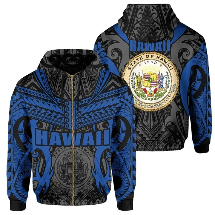 Alohawaii Clothing, Zip Hoodie Hawaii Polynesian Tribal Coat Of Arms , Blue, Mark Style | Alohawaii.co