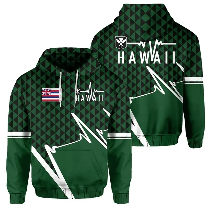 Alohawaii Clothing, Zip Hoodie Kakau Hawaii In My Heartbeat Flag Of Hawaii, Green | Alohawaii.co