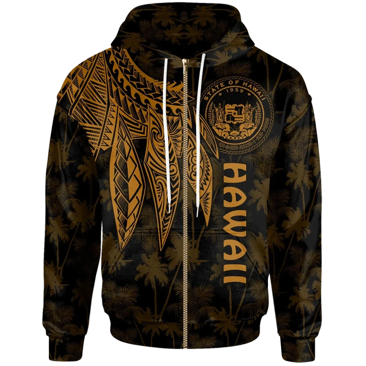Alohawaii Clothing, Zip Hoodie Polynesian Hawaii, Polynesian Wings (Golden) | Alohawaii.co