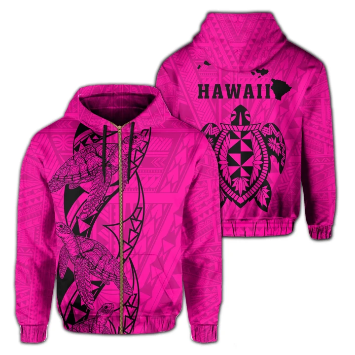 Alohawaii Clothing, Zip Hoodie Polynesian Kakau Turtle Map Of Hawaii Pink | Alohawaii.co