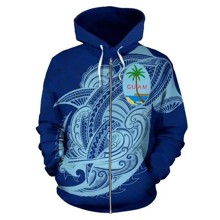 Alohawaii Clothing, Zip Hoodie Guam, Polynesian Shark Pattern Blue Color | Alohawaii.co