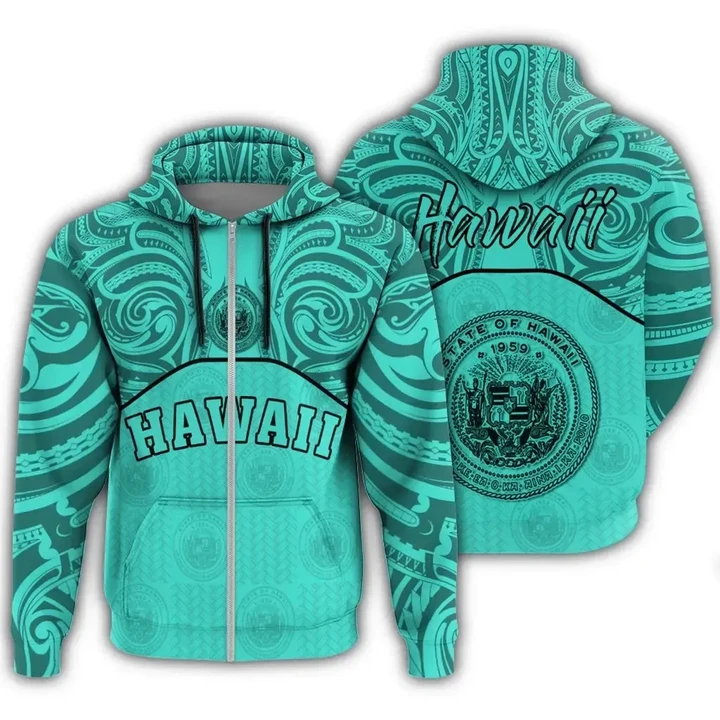 Alohawaii Clothing, Zip Hoodie Hawaii Coat Of Arms Demodern Style Turquoise | Alohawaii.co