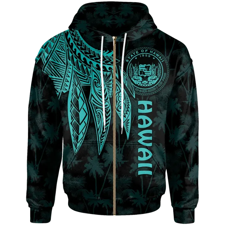 Alohawaii Clothing, Zip Hoodie Polynesian Hawaii, Polynesian Wings (Turquoise) | Alohawaii.co