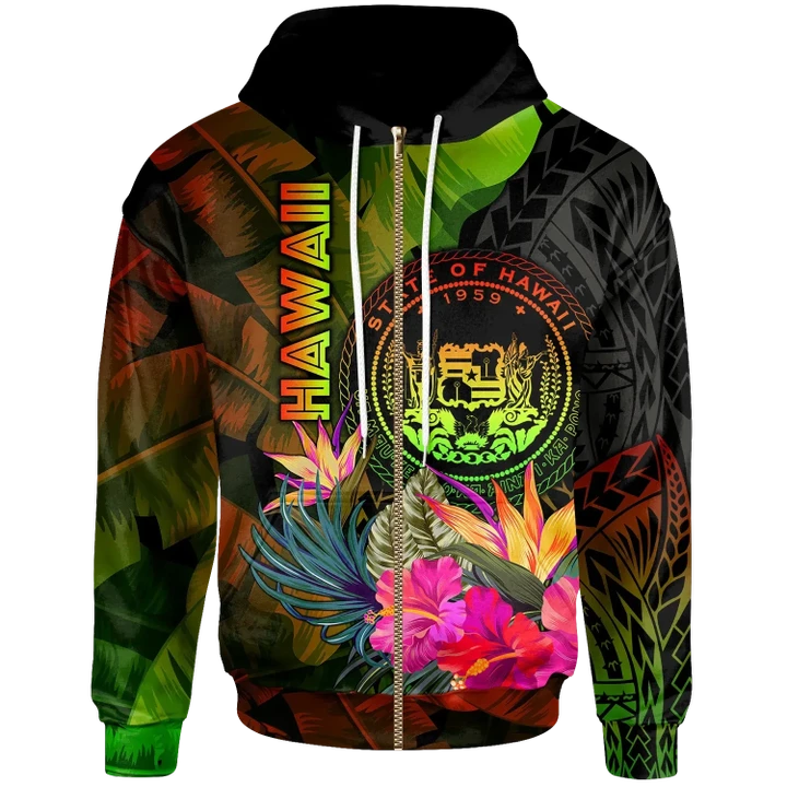 Alohawaii Clothing, Zip Hoodie Polynesian Hawaii Polynesian, Hibiscus and Banana Leaves | Alohawaii.co
