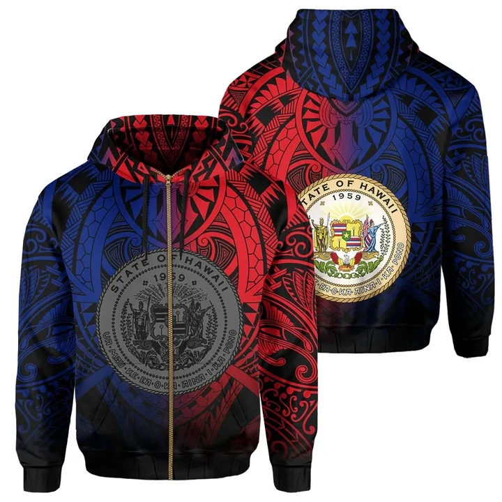 Alohawaii Clothing, Zip Hoodie Hawaii Maka Polynesian Coat Of Arms, Heaven Style , Red Blue | Alohawaii.co