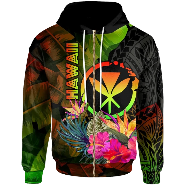Alohawaii Clothing, Zip Hoodie Polynesian Hawaii Kanaka Maoli Polynesian, Hibiscus and Banana Leaves | Alohawaii.co