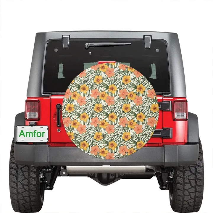 Tropical Flowers Hibiscus Pink Yellow Hawaii Spare Tire Cover | alohawaii.co