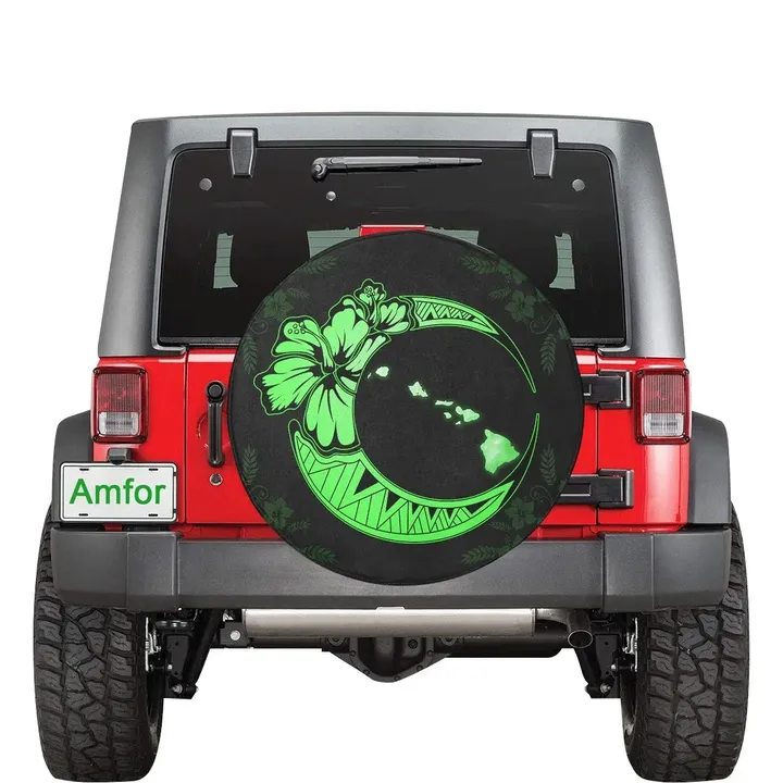 Hawaii Hibiscus Map On The Moon Green Spare Tire Cover | alohawaii.co