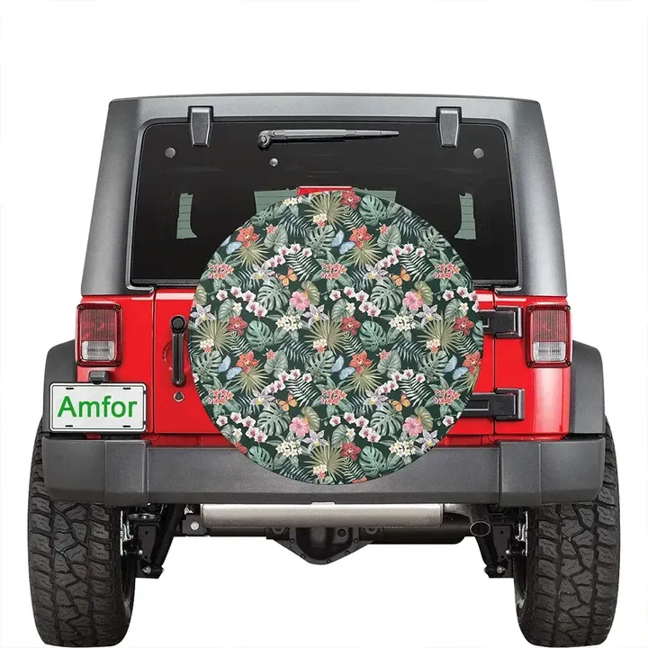 Tropical Plumeria Pattern With Palm Leaves Hawaii Spare Tire Cover | alohawaii.co