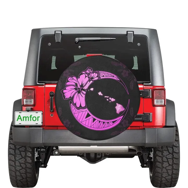 Hawaii Hibiscus Map On The Moon Pink Spare Tire Cover | alohawaii.co