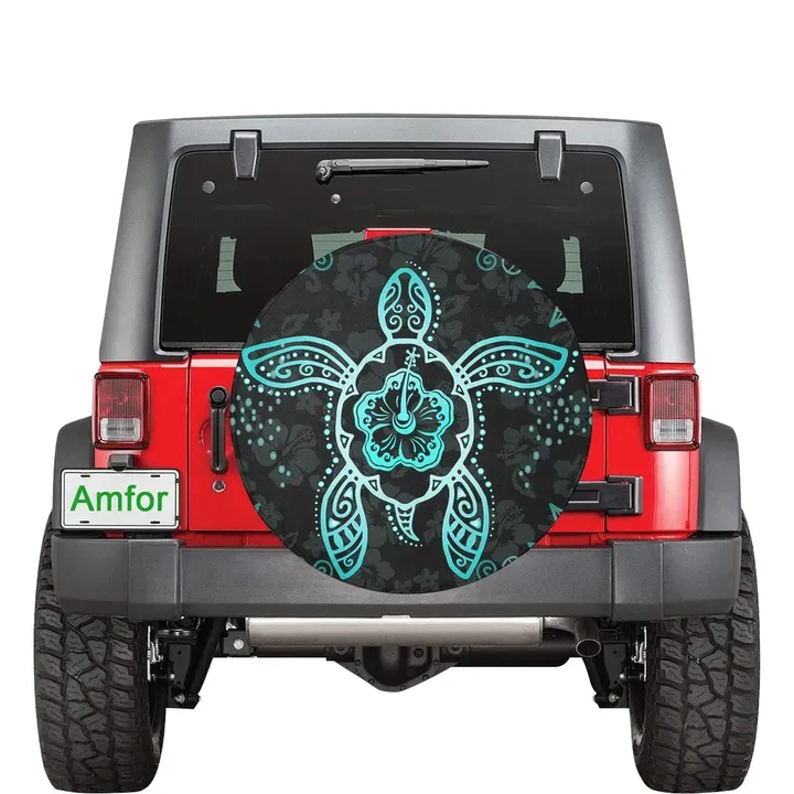 Turtle Hibiscus Blue Spare Tire Cover | alohawaii.co