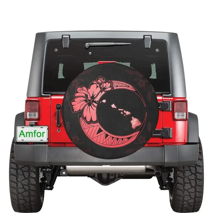 Hawaii Hibiscus Map On The Moon Red Spare Tire Cover | alohawaii.co