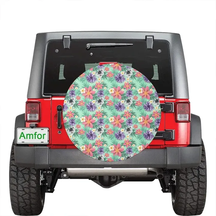 Hawaii Tropical flower, blossom cluster seamless pattern Tropical Flowers Palm Leaves Plant And Leaf Hawaii Spare Tire Cover | alohawaii.co