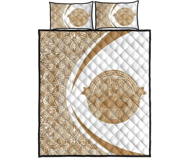 Alohawaii Quilt Bed Set - Hawaii Polynesian Pele Kanaka Quilt Bed Set Circle Style Gold And White