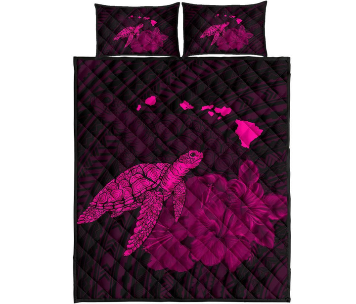 Alohawaii Quilt Bed Set - Hawaii Polynesian Hibiscus Turtle Map Quilt Bed Set Pink