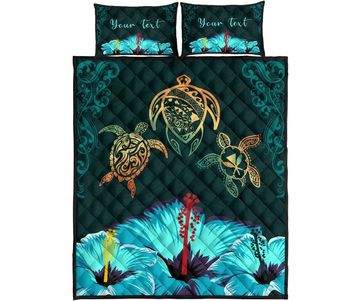 Alohawaii Quilt Bed Set - Personalized Hawaii Map Turtle Hibiscus Polynesian Luxury Quilt Bed Set - Honu Ohana