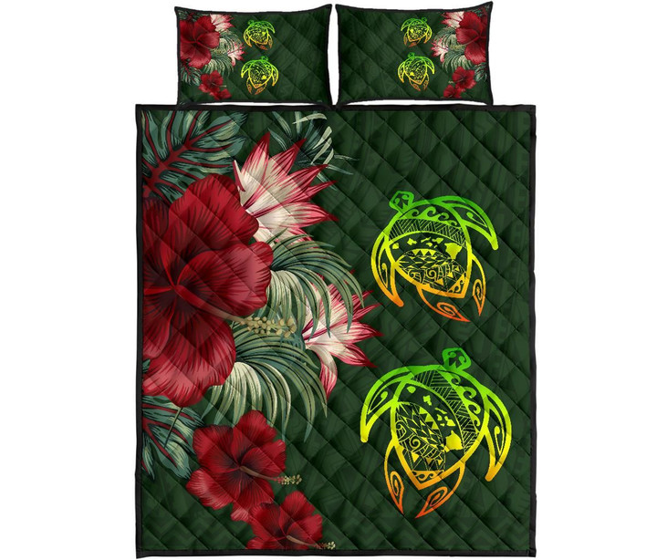 Alohawaii Quilt Bed Set - Hawaii Quilt Bed Set - Turtle Hibiscus Pattern Hawaiian Quilt Bed Set - Green
