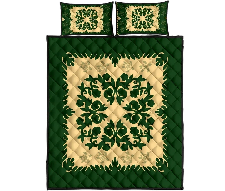 Alohawaii Quilt Bed Set - Hawaiian Quilt Pumeria Medallion Green Quilt Bed Set