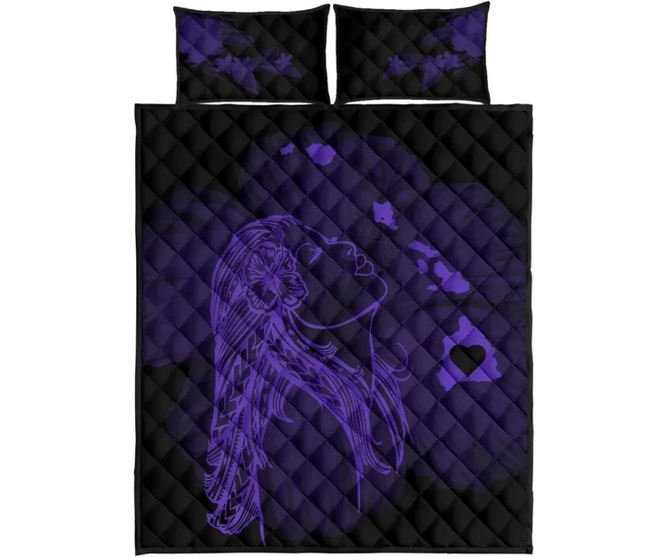 Alohawaii Quilt Bed Set - Hula Girl Hibiscus Map Quilt Bed Set - Purple