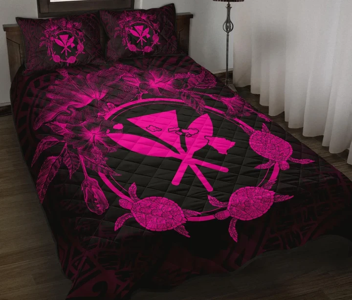 Hawaii Kanaka Turtle Hibiscus Polynesian Quilt Bed Set - Anthea Style Pink - AH - J4 - Alohawaii