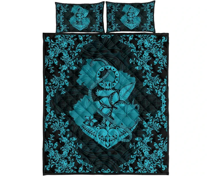 Alohawaii Quilt Bed Set - Hawaii Anchor Hibiscus Flower Vintage Quilt Bed Set Blue