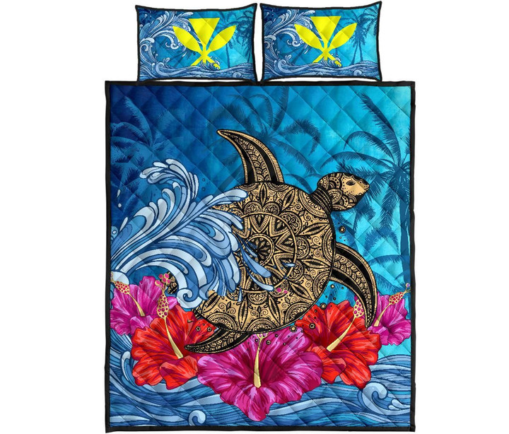Alohawaii Quilt Bed Set - Hawaii Sea Turtle Hibiscus Coconut Tree Quilt Bed Set
