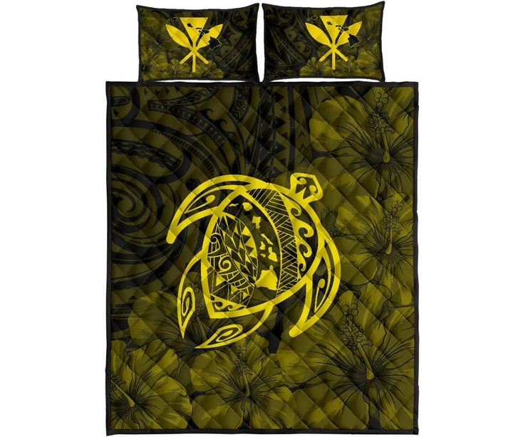 Alohawaii Quilt Bed Set - Hawaii Turtle Kanaka Map Hibiscus Poly Quilt Bed Set - Yellow