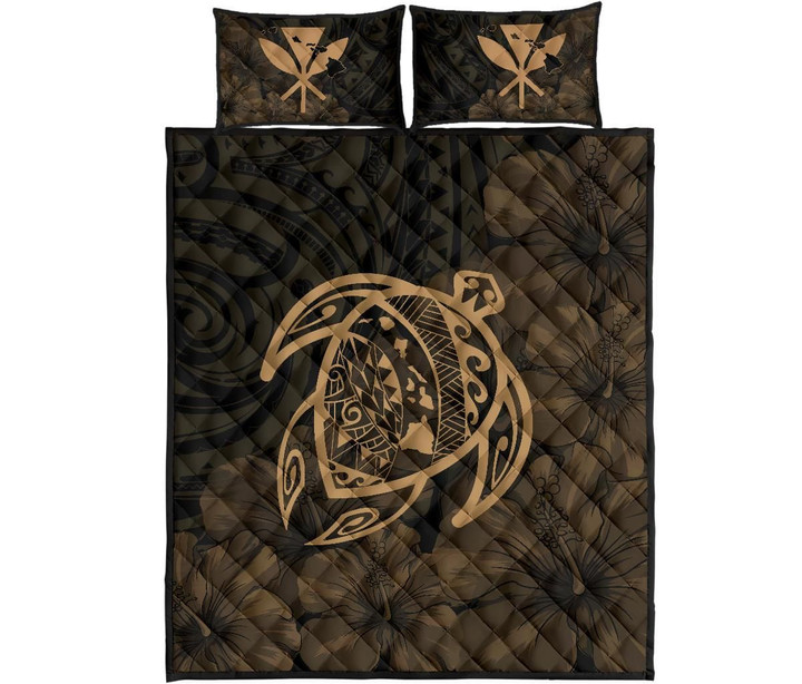 Alohawaii Quilt Bed Set - Hawaii Turtle Kanaka Map Hibiscus Poly Quilt Bed Set - Gold
