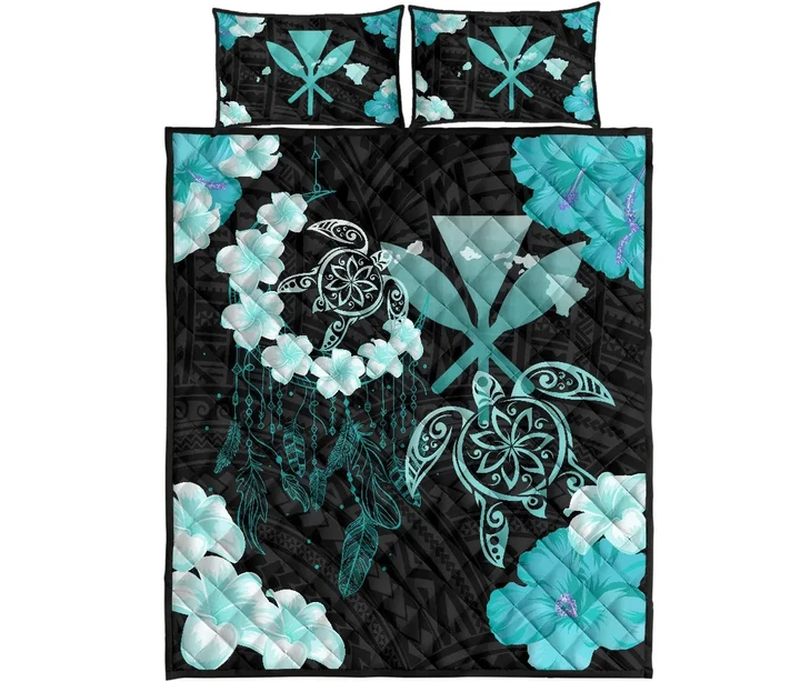 Alohawaii Quilt Bed Set - Hawaii Dream Catcher Hibiscus Plumeria Polynesian Turquoise - Quilt Bed Set