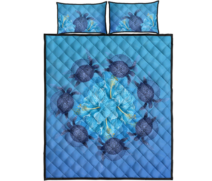 Alohawaii Quilt Bed Set - Hawaii Turtle Hibiscus Blue Quilt Bed Set